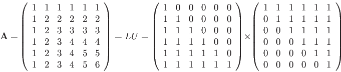 \begin{displaymath}{\bf A=}
\left(
\begin{array}{ccccccc}
1 & 1 & 1 & 1 &1 &1 \\...
...& 0 & 0 & 0 &1 &1 \\
0 & 0 & 0 & 0 &0 &1\\
\end{array}\right)\end{displaymath}